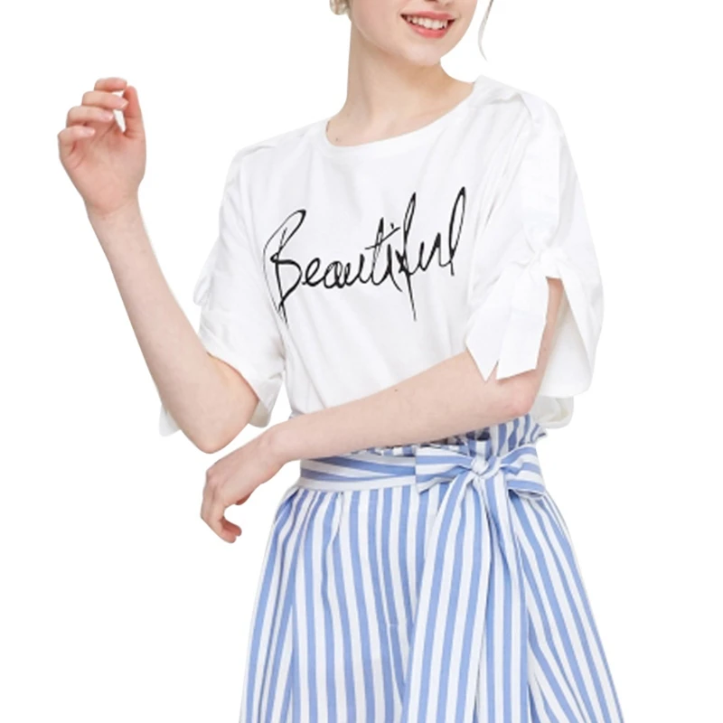 

Summer Casual Short Sleeve T Shirt Letter Printing Lace Up Women T Shirt Solid Color White Loose Tee Top Female camiseta mujer