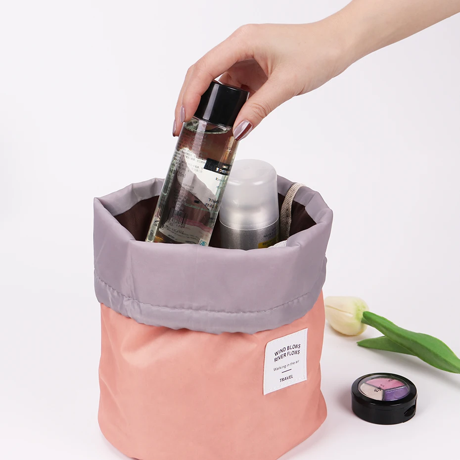 High Quality Barrel Shaped Travel Cosmetic Bag Nylon Wash Bags Makeup