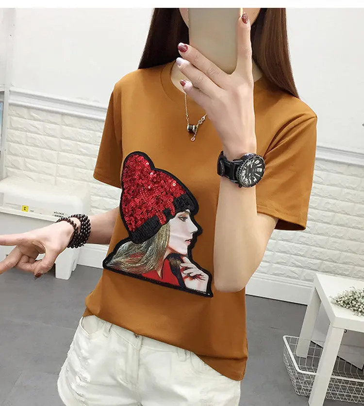 New Summer T-shirt Women Tshirt Plus Size Funny Print Tops Tees Femme Short Sleeve Sequins Poleras Mujer Moda 2018 (10)