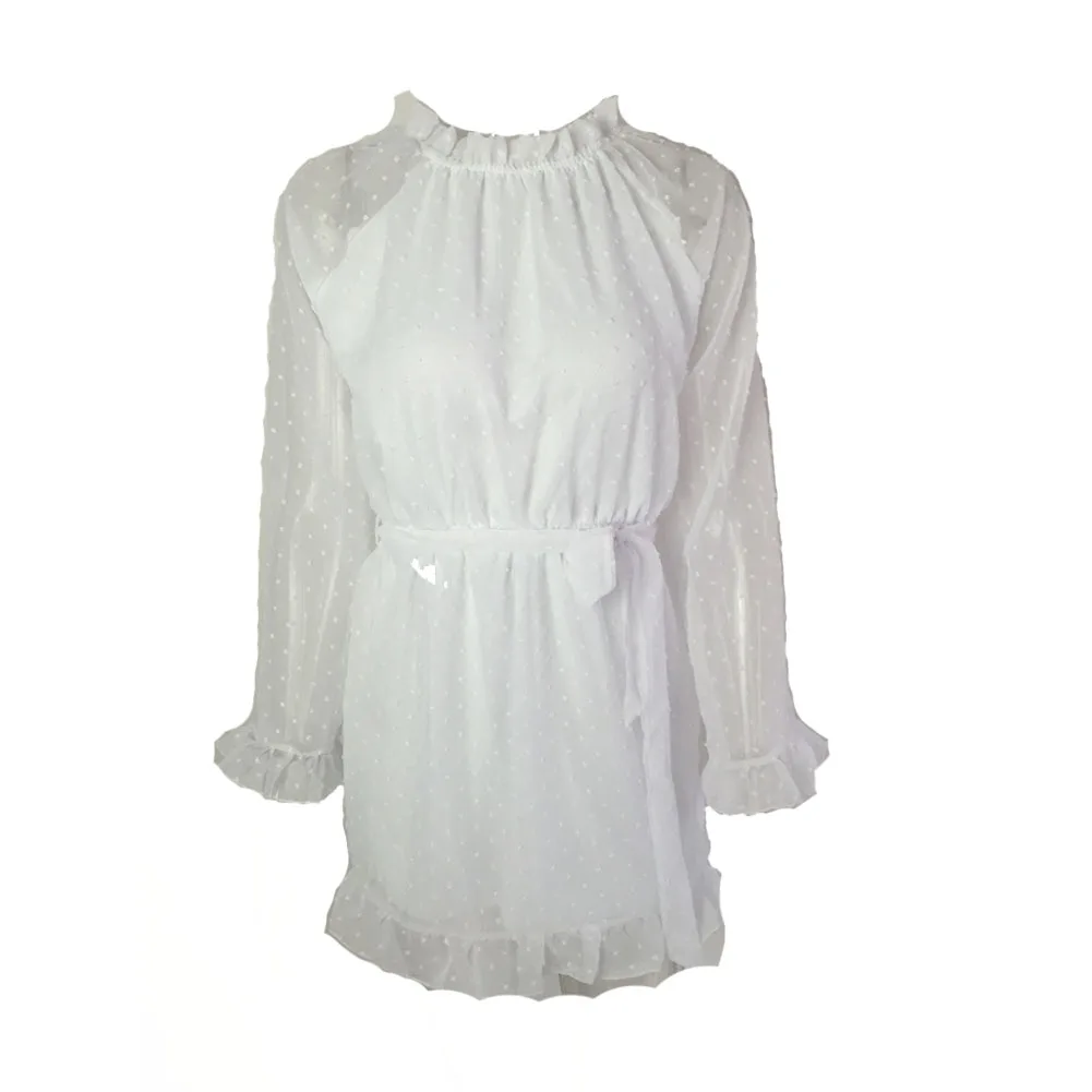 Summer Women Perspective Long Sleeve Sexy Backless Mini Dress Lace Up O-Neck Ruffles Slim Solid Dresses Dresses