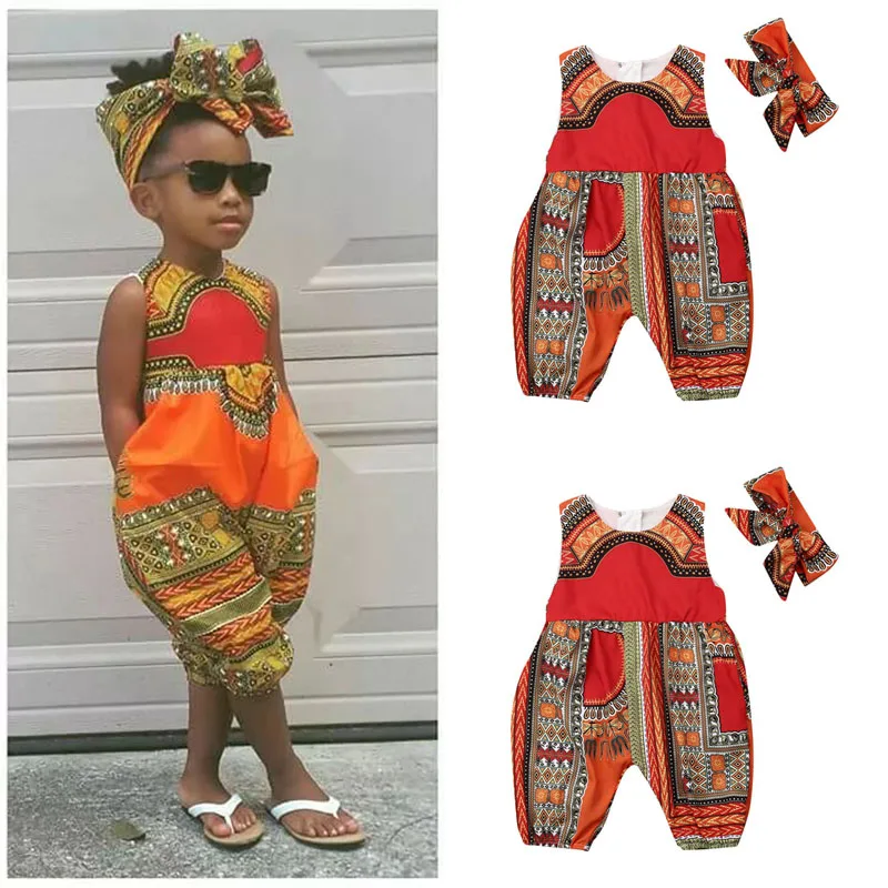 Africa Ethnic Style Toddler Kid Baby Girls Rompers Summer Sleeveless Jumpsuit Romper With Headband Clothes Outfits Set Playsuit Baby Bodysuits medium