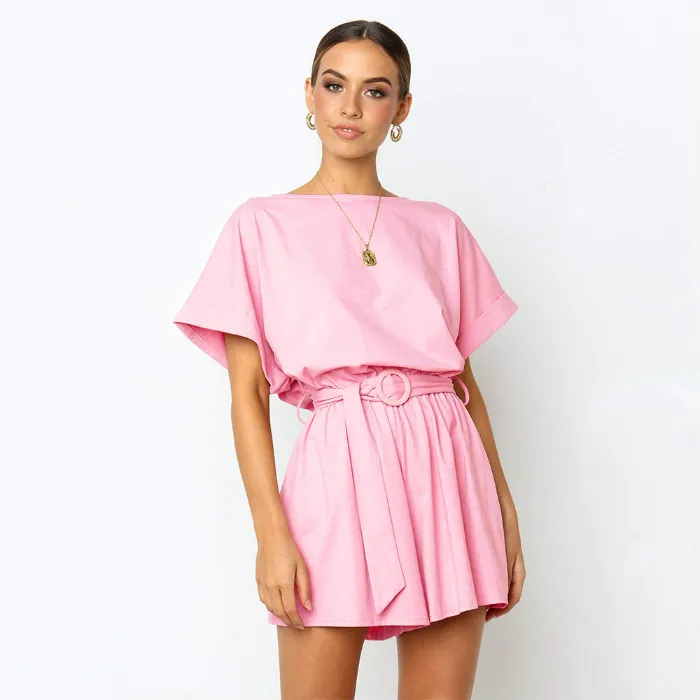 

Women Sexy Loose Jumpsuit Short Sleeve 2019 Summer New Solid Romper Playsuit Short Casual Fashion Overalls Sashes