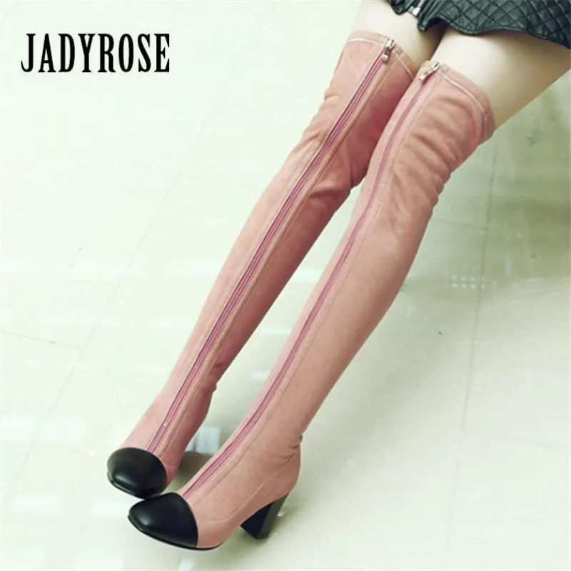 Jady Rose Sexy Front Zipper Women Thigh High Boots Slim Fit Stretch Fabric Over The Knee Boot Female Sexy Chunky High Heel Shoes