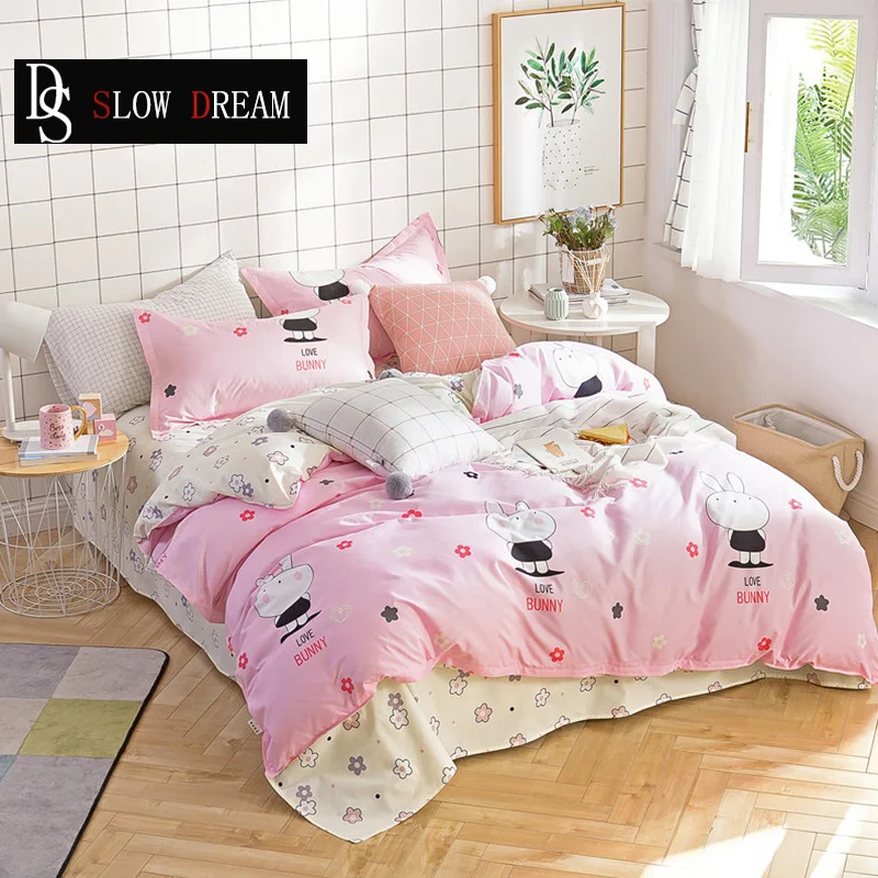 

SLOWDREAM Nordic Bedding Set Comforter Double Sheet Pink Rabbit Bedspread Duvet Cover Adult Queen King Bed Linen Set Bedclothes
