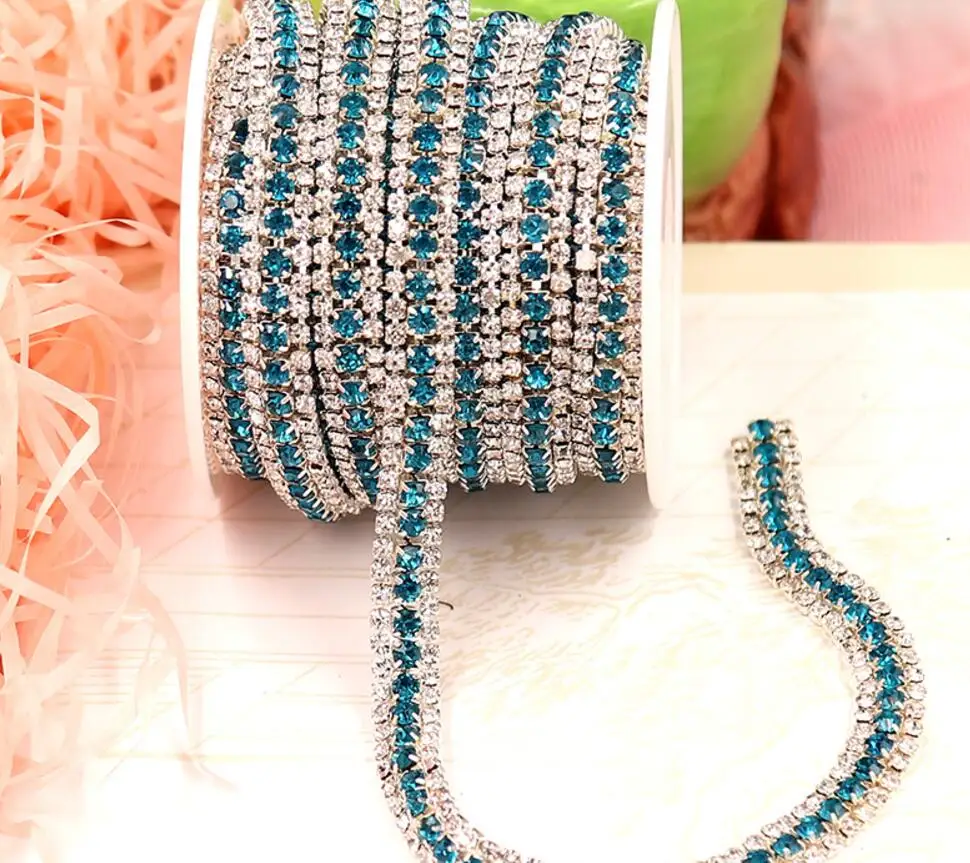 1 Yard 3Row Clear Turquoise Sparkle Rhinestones Silver Plated Flatback