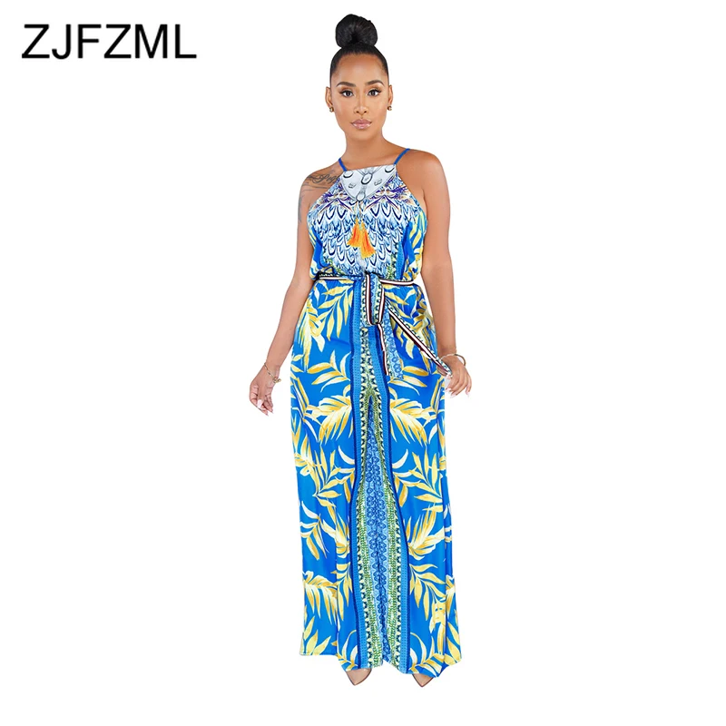 

Leave Print Sexy Rompers Womens Jumpsuit Spaghetti Strap Sleeveless Wide Leg Bodysuit Summer Off Shoulder Backless Beach Overall