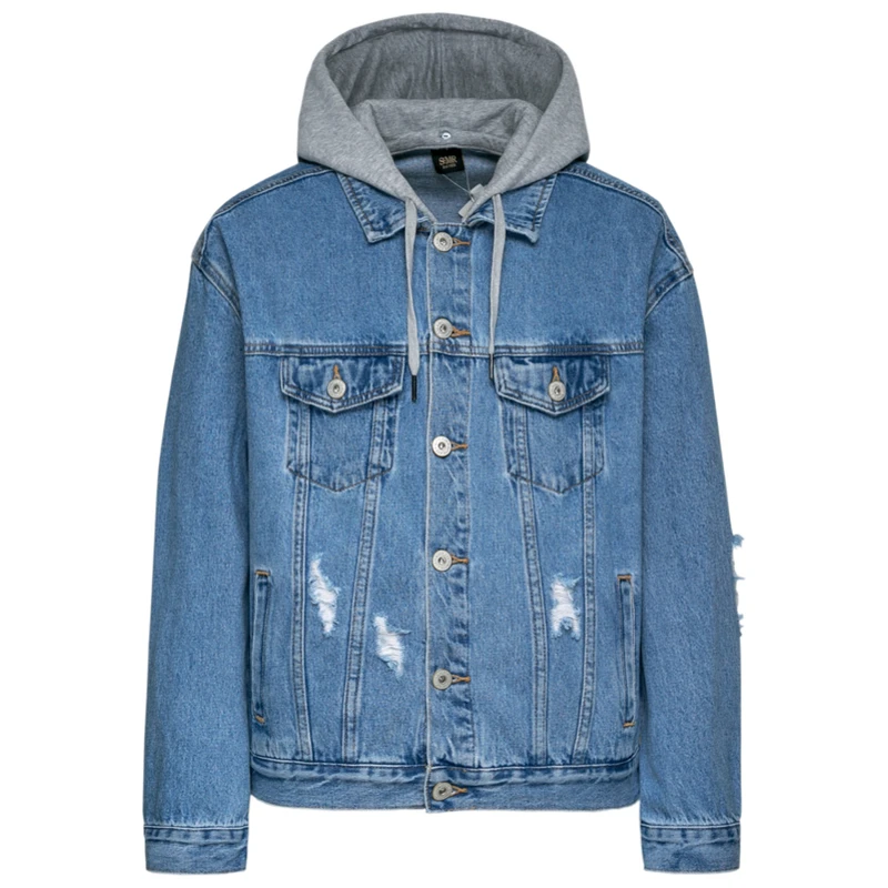 SEMIR Women Hooded Oversized Denim Jacket with Destruction Women's Boyfriend Denim Jacket with Chest Pocket and Slant Pocket