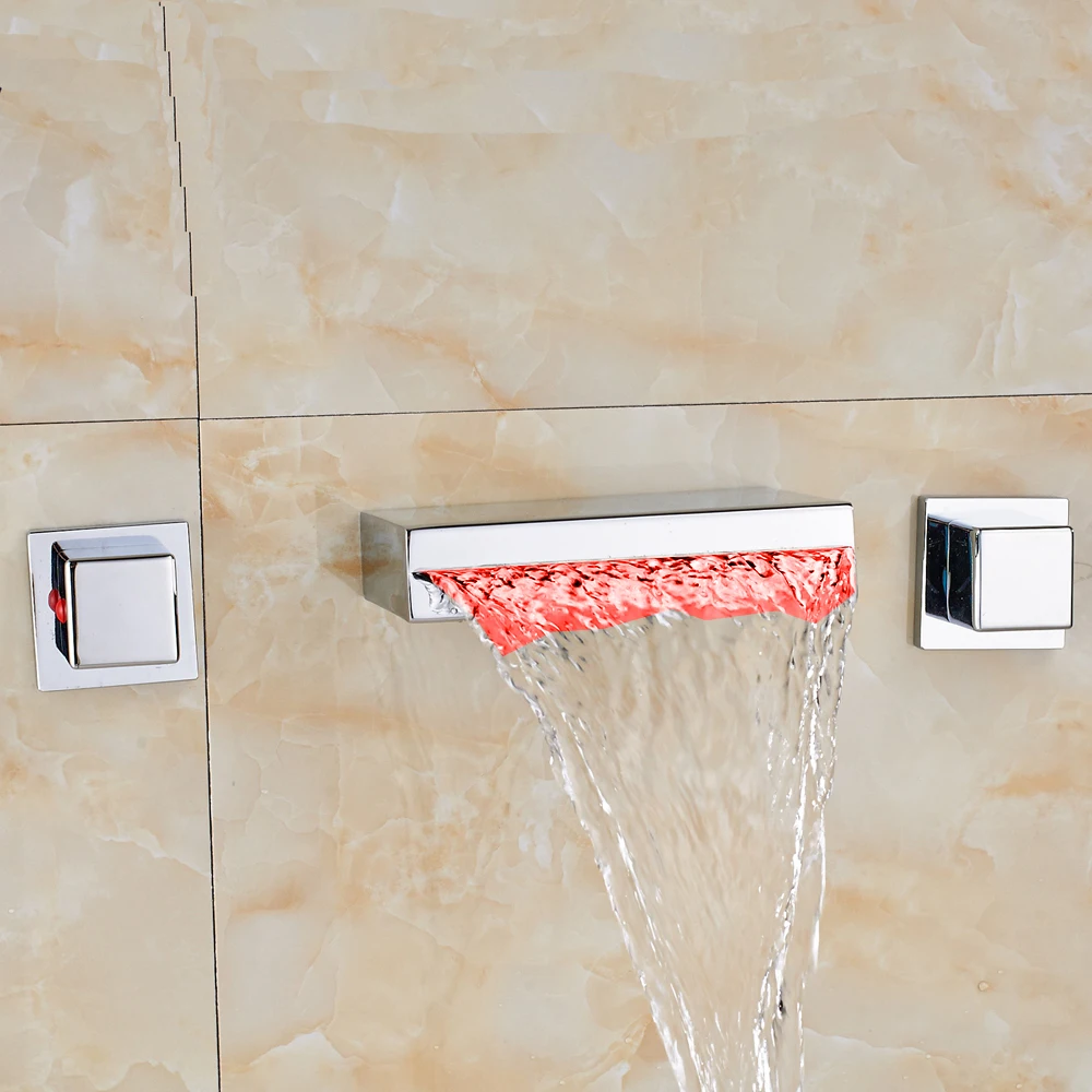 

LED Waterfall Wide Spout Bathroom Basin Faucet Dual Square Handles Mixer Tap New