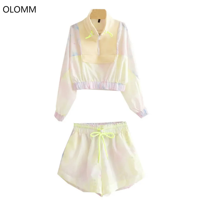 

2019 tie dyed gradient color waterproof thin jacket high waist elastic drawstring wide leg hot pants shorts casual two-piece