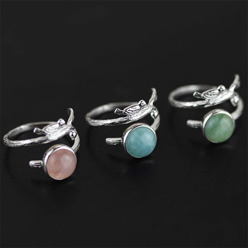 Lotus Fun Real 925 Sterling Silver Open Ring Women Natural Green Beryl Stone Handmade Designer Bird Resizable Band Fine Jewelry