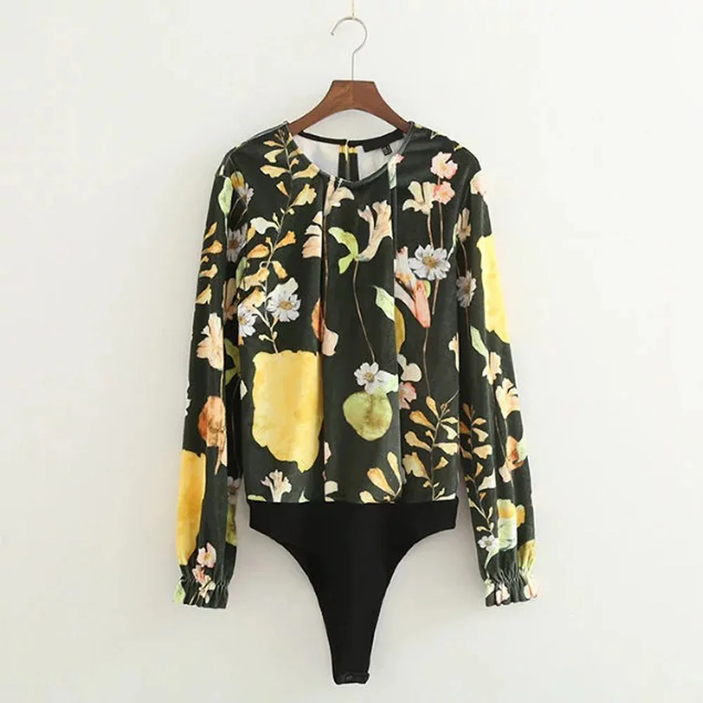 

Fashion Velvet Velour Folral fit Romper Body Siamese Bodysuit O-Neck Jumpsuit Long Sleeve Undershirt Vintage Women New K16-11-20