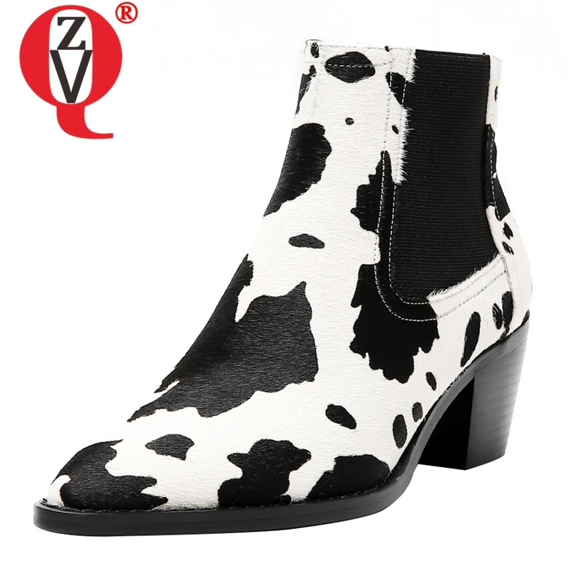 

ZVQ ankle boots fashion Spot print horsehair genuine leather woman shoes autumn winter Pointed toe 6cm high heel Chelsea booties