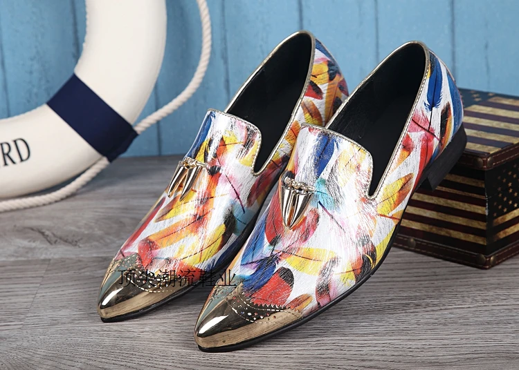 

2020 New Design Colorful Print Mens Velvet Slippers Steel Toe Metallic Gold Dress Wedding Formal Shoes Loafers male Size47