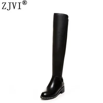 

ZJVI Thigh High Boots Women Over The Knee Boots Woman Chains Shoes Ladies Black Boots 2020 Autumn Winter Stretch Genuine Leather