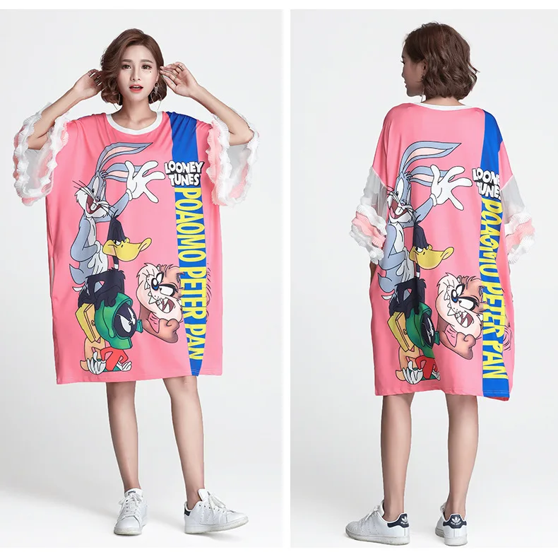 

Autumn Dress Cartoon Printing Loose Dress Women Vestidos Plus Size Short Sleeve O-Neck Over Size Dress Robe Casual Dresses