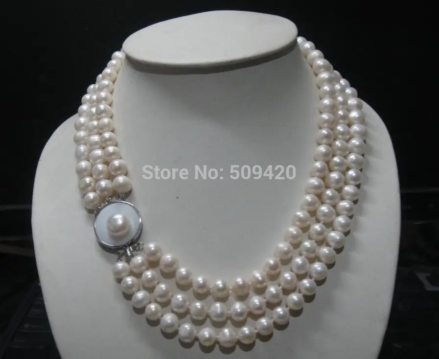 

~~ Free Shipping AAA +3ROW 9mm WHITE ROUND south sea PEARL NECKLACE MABE 18-19inch
