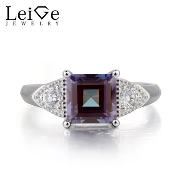 

Leige Jewelry Alexandrite Ring Wedding Ring June Birthstone Square Cut Color Changing Gemstone 925 Sterling Silver Gifts for Her