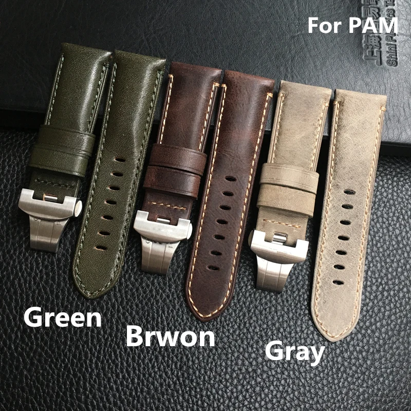 

24mm Brown Gray Green Genuine leather Retro Watchbands Strap Replace Panerai PAM441 PAM668 With Original Buckle