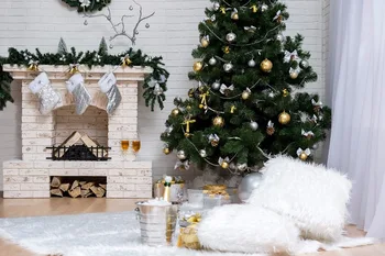 

VinylBDS 5X7FT Christmas Snow Photography Studio Backdrop White Blanket Fireplace Wood Floor Fond Photographie For Children