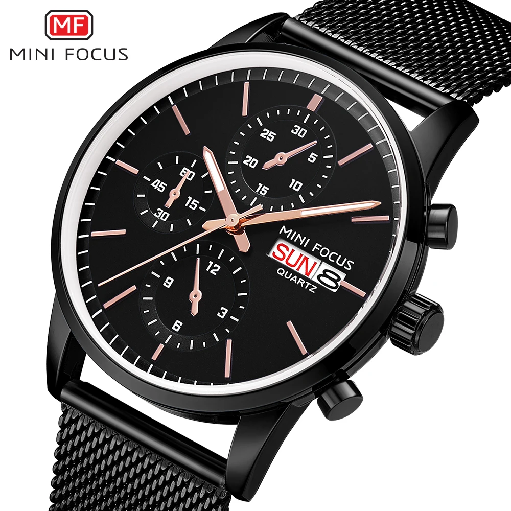 

MINIFOCUS Mens Watches Top Brand Luxury Quartz Clock Date Week Display Mesh Strap Casual Chic Black Waterproof Wrist Watch 2018