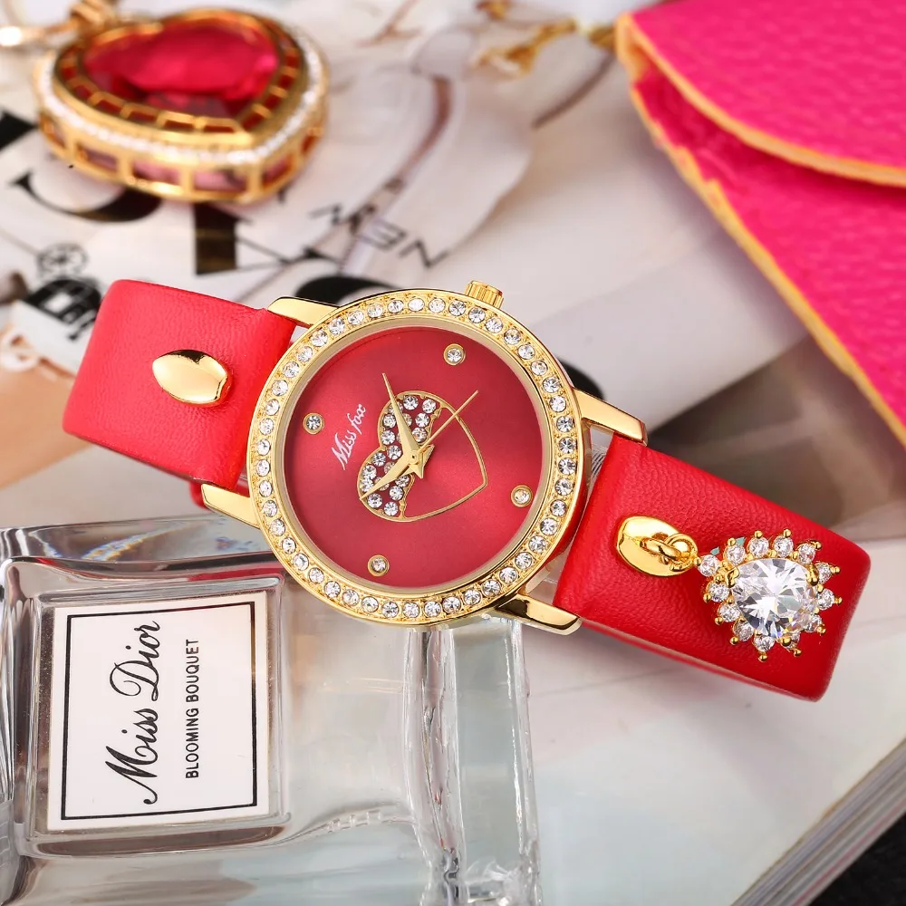 

Business Dress Women Watches Missfox Orologi Donna Heart Face Love Watch Gold Gemstones Pu Leather Band Red Tone Wrist Watch