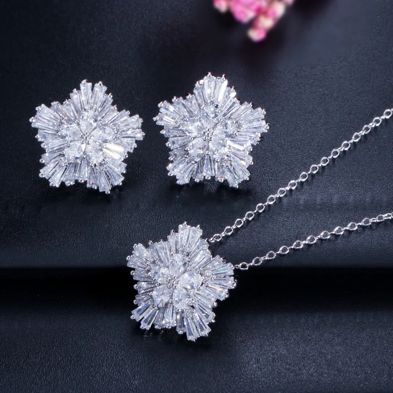 

Luxury Silver Pendant Necklace Earrings Set Wedding Fashion Jewelry Set Womens Cubic Zirconia Flower Necklace And Earring Sets