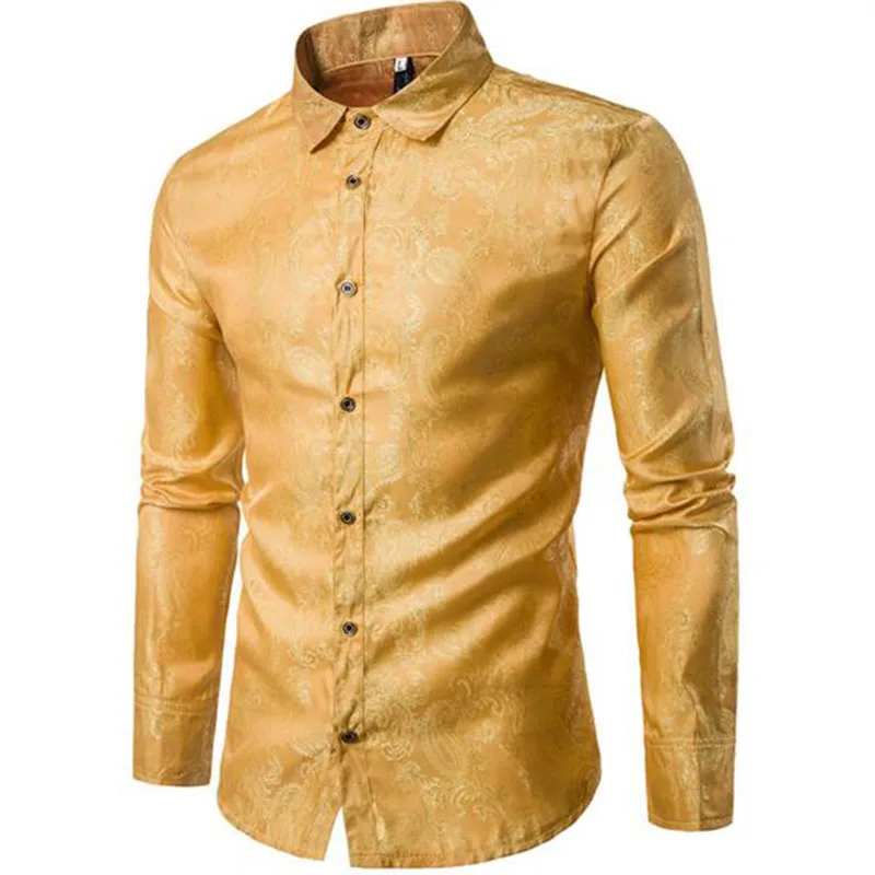 Мужская мода Slim Fit шелк Bling смокинг рубашки, длинный рукав отложной воротник печатных вышивка стиль рубашки размер S-2XL - Цвет: yellow