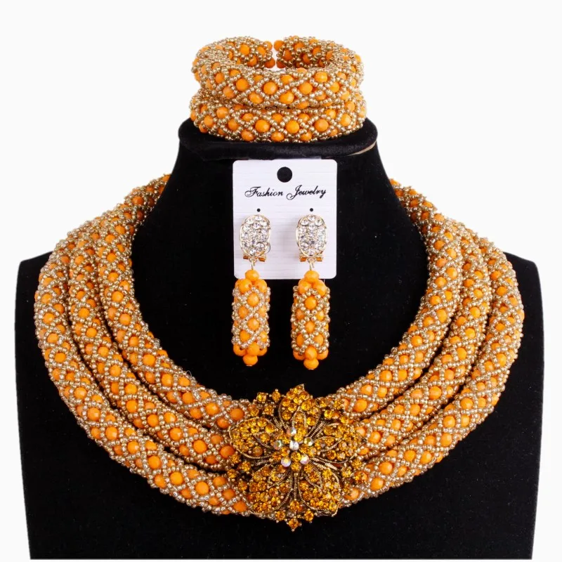 Costume Wedding Jewelry Sets Crystal Orange & Gold Womens Necklace