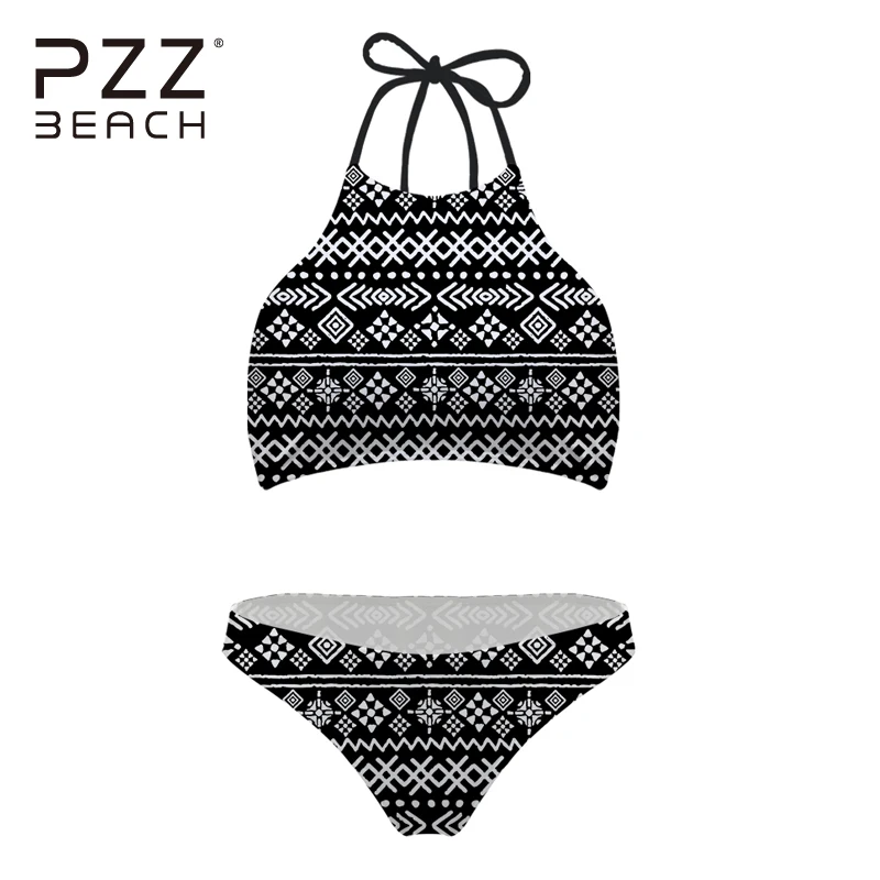 

Retro 50s Geometric Print Women Swimsuit Low Waist Push Up Bikini Set High Neck Swimwear Bathing Suits Maillot De Bain Femme