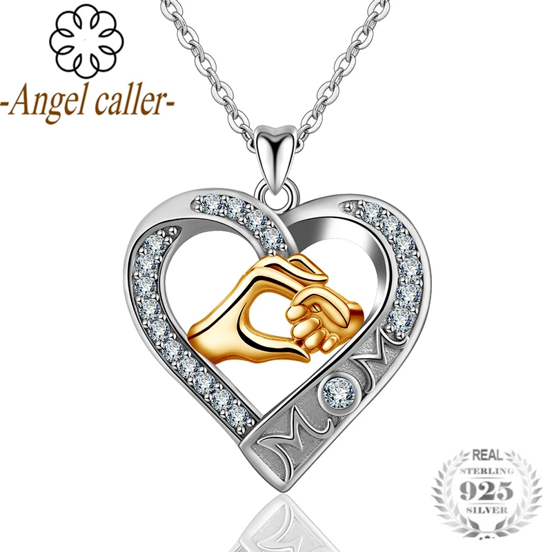 

Angel Caller Real 925 Sterling Sliver Mother and Baby Hand in Hand Heart Pendant CZ Mom Crystal Necklace For Mother's Day Gift