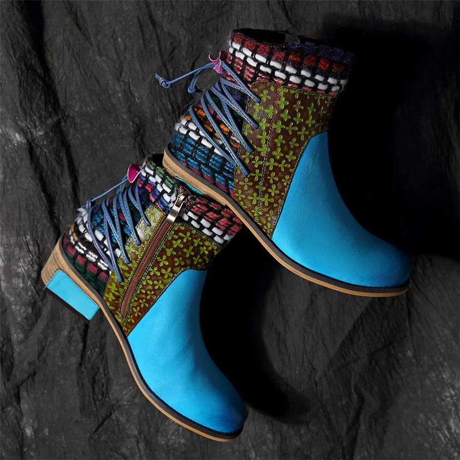 Retro Blue Ankle Boots For Women Spring Autumn Handmade Genuine Leather Shoes Woman Splicing Cowboy Western Boots Women Booties (8)