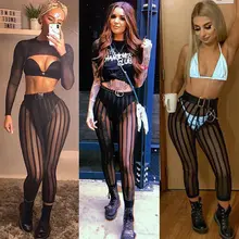 Летние купальники сексуальные прозрачные брюки женские тонкие длинные леггинсы брюки женские пляжные в полоску, с высокой талией брюки в сеточку