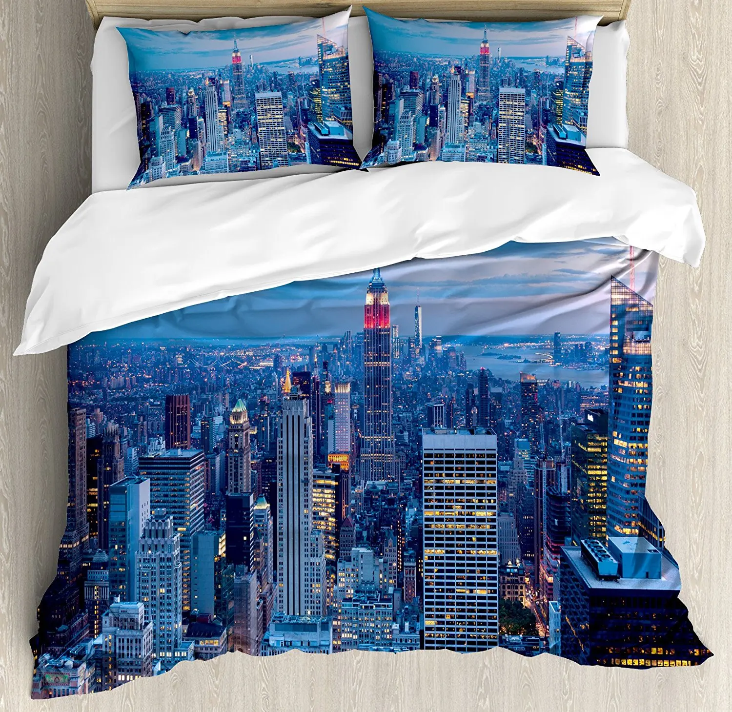 New York Duvet Cover Set Aerial Night View Of Nyc With Dusk Sky