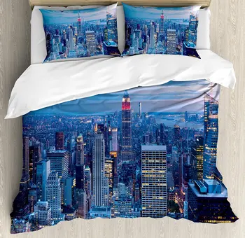 

New York Duvet Cover Set Aerial Night View of NYC with Dusk Sky Cloudy Sunset in City Fashion Capital Art Photo Bedding Set Blue