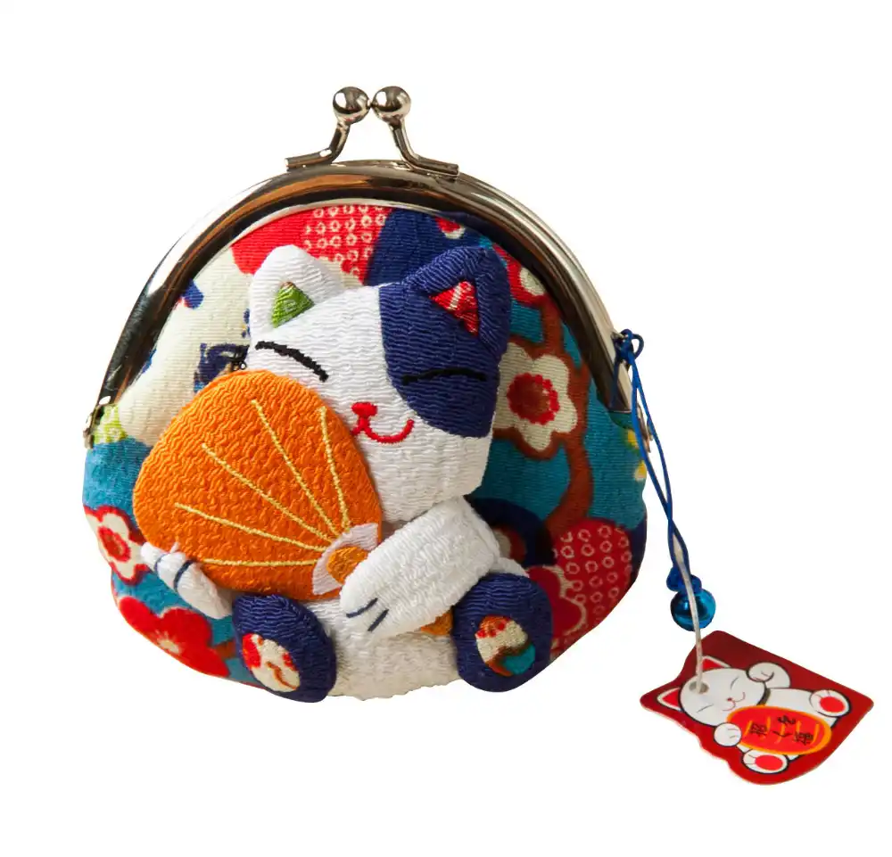 Japanese Style Cute Coin Purse Portable Change Bag Key Holder Kimono Fabric Maneki Neko Lucky Cat FLUFFY SENSE