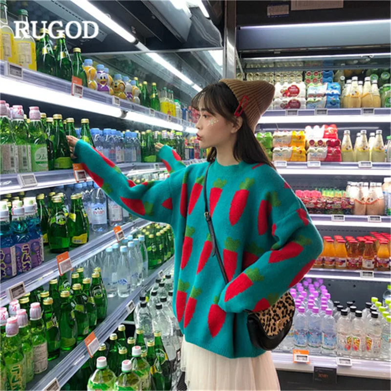 

RUGOD 2019 Autumn Winter Casual Women O-Neck Long Sleeve Sweater Ladies carrot Print Pullovers pull femme hiver