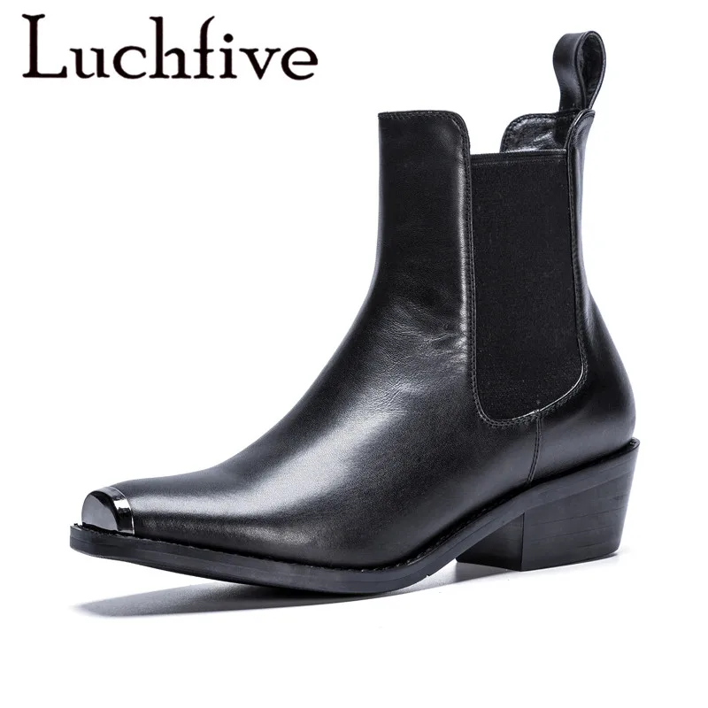 

Autumn Chelsea Short Boots Genuine leather middle heels metal decor square toe runway style Ankle Boots for women winter shoes