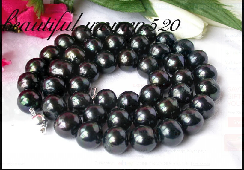 

00048 round Tahitian black freshwater pearl necklace 925silver (A0511)