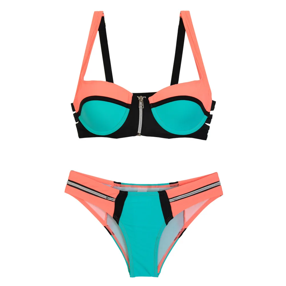 

2017 Hot Patchwork Bikini Women Zip Bathing Suit Swimwear Sexy Swimwear Summer Bikinis Set  Beah Wear Swimsuit ND7083
