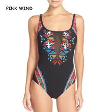 Розовый Ветер ацтекский геометрический текстильный принт сетка цельный купальник сексуальный плавательный костюм женский Монокини сетка лоскутное купальный костюм