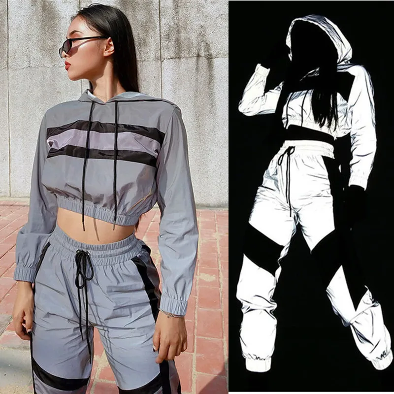 Terno dos Esportes com Capuz Moda de Rua Hop de Jogging Mulheres Correndo Conjuntos Senhoras Sexy Reflexivo 2 Pcs Casacos Hip Alta Cintura Treino
