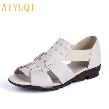 

AIYUQI Summer Sandals Women 2020 New Women's Sandals Genuine Leather Hollow Open Toe Non-slip Flat Mother Sandals Women