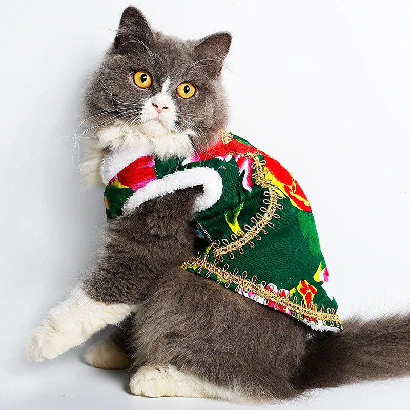 Забавный китайский Стиль Зима Pet Костюмы Хлопок Одежда для кошки Наряд животных