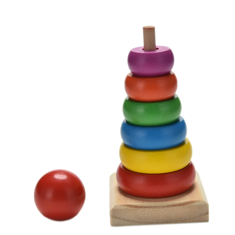 1 Set Stack Up Rainbow Tower Ring Learning Toy Kids Baby Toy Wooden