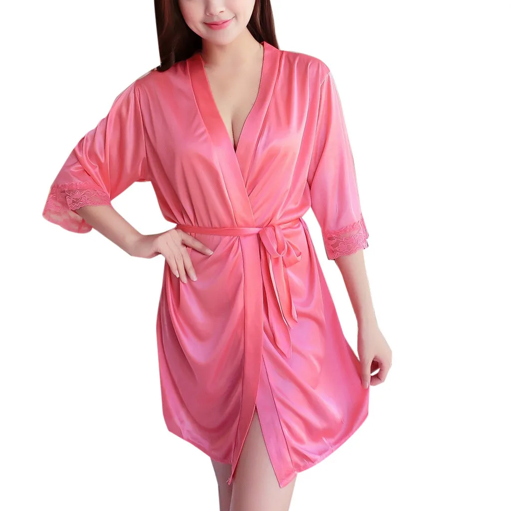 

2019 New Womens Sexy Ice Silk Robes Lingerie Sleepwear Pajamas Solid Bandage Ladies Underwear Night Gown Nightwear Robes C25