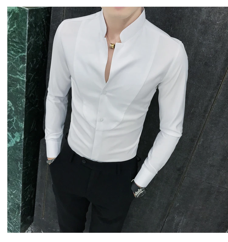 Осенняя Новая мужская рубашка, модное платье в китайском стиле, приталенная Повседневная рубашка с v-образным вырезом и длинными рукавами