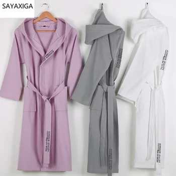 

New 100% pure Cotton material plain color bathrobes robe Unisex Hooded pajamas sauna clothes waffle Sleepwear water absorption