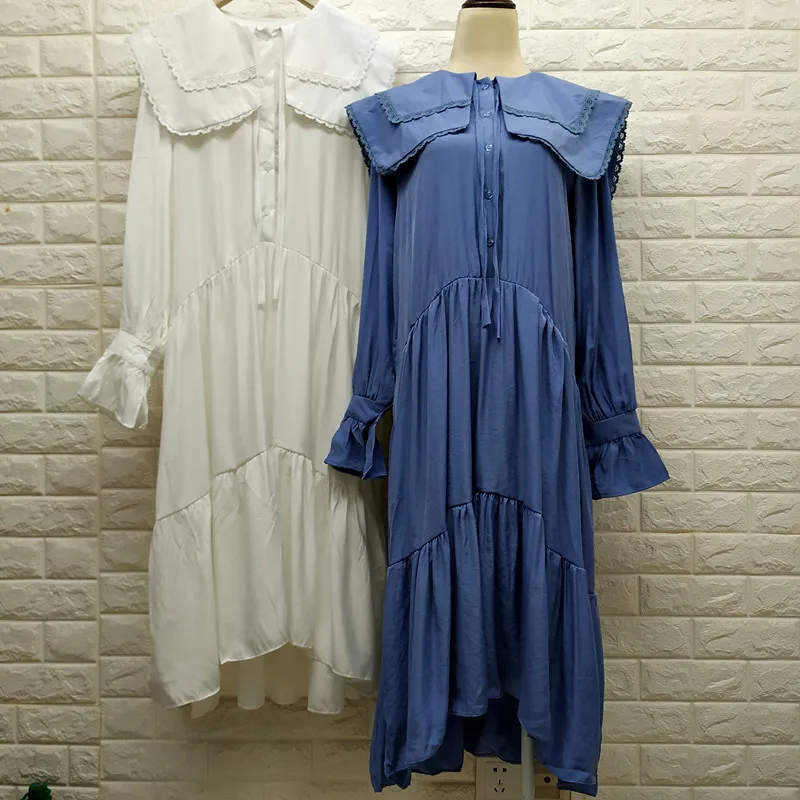 

[EWQ] 2019 Summer New Fashion Clothes Women Solid Color Big Turn-down Collar Long Sleeve Lace Loose Ruffles Casual Dresses QH818