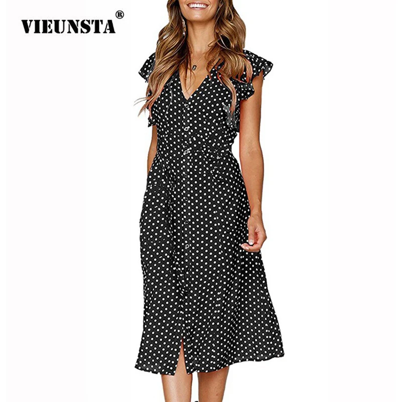 

VIEUNSTA 2018 Polka Dot Buttons Summer Dress Women Sexy V Neck Butterfly Sleeve Irregular Long Dresses Elegant Sundress Vestidos