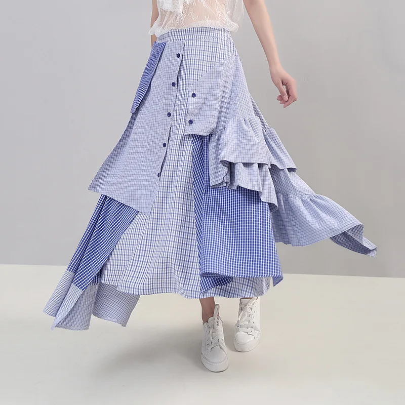 

Johnature Summer Chic Women Clothing Fashion 2019 New Loose Plaid Skirts Irregular Patchwork Casaul Streetwear Women Skirts